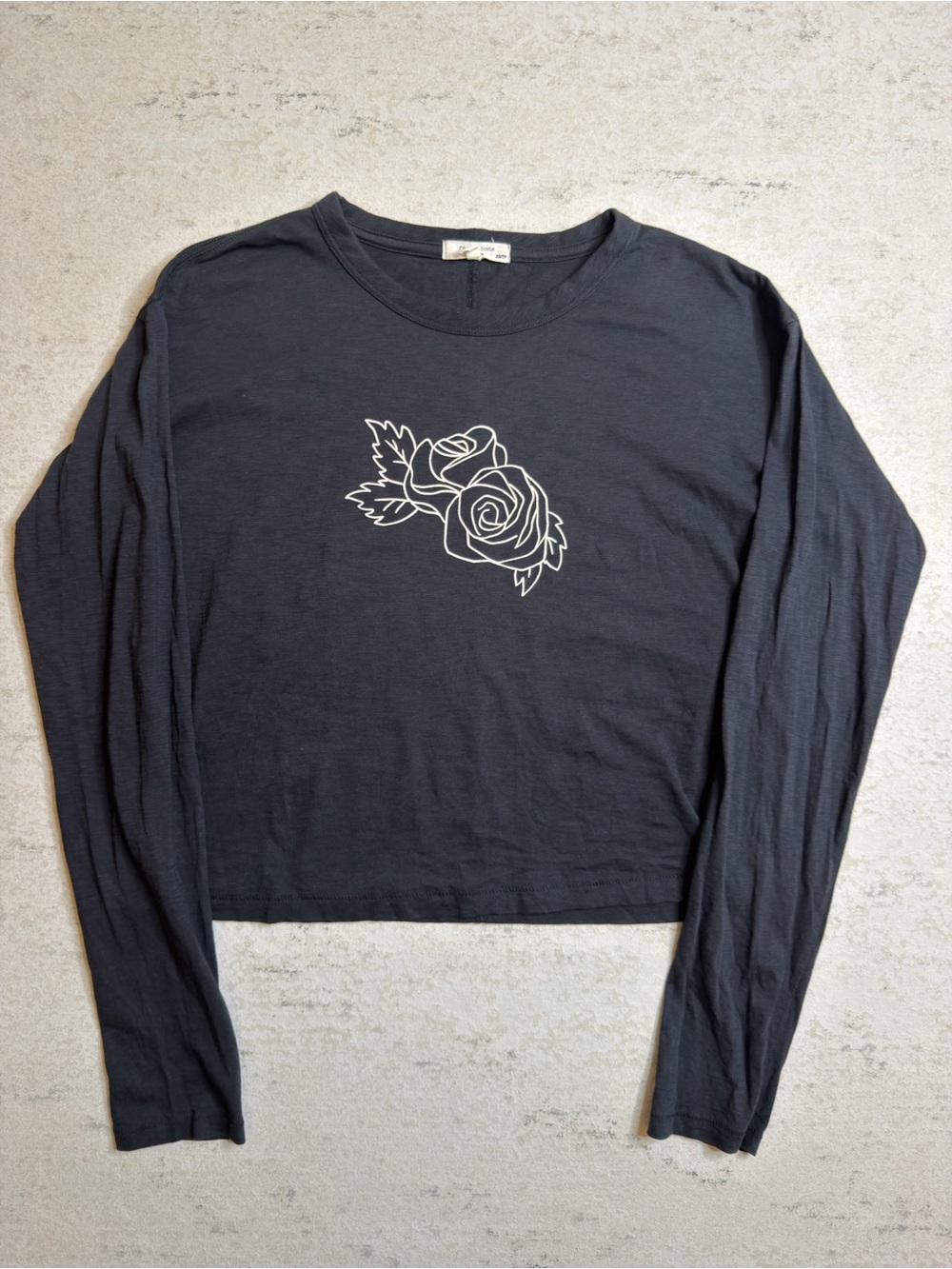 Rag & Bone Black Cropped Long Sleeve Tee with Rose Graphic Size XS